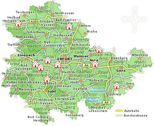 Gastgeberkarte mit Wellnesshotels Thüringen